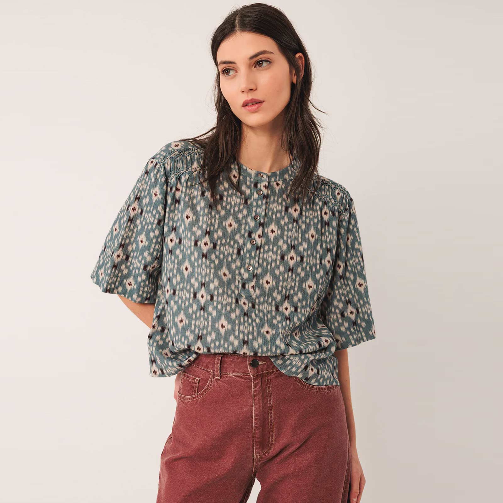Allover Print Cotton Blouse azul vintage