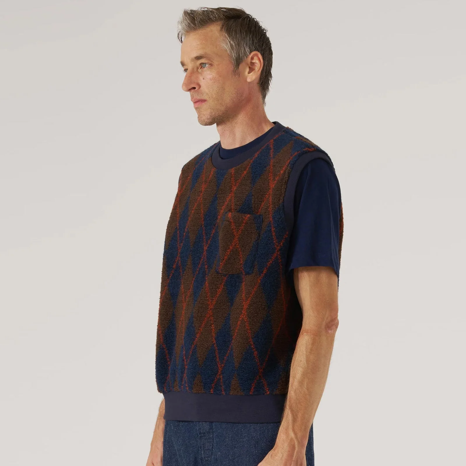 Argyll Sleeveless Fleece Crew brown/navy - Image 3