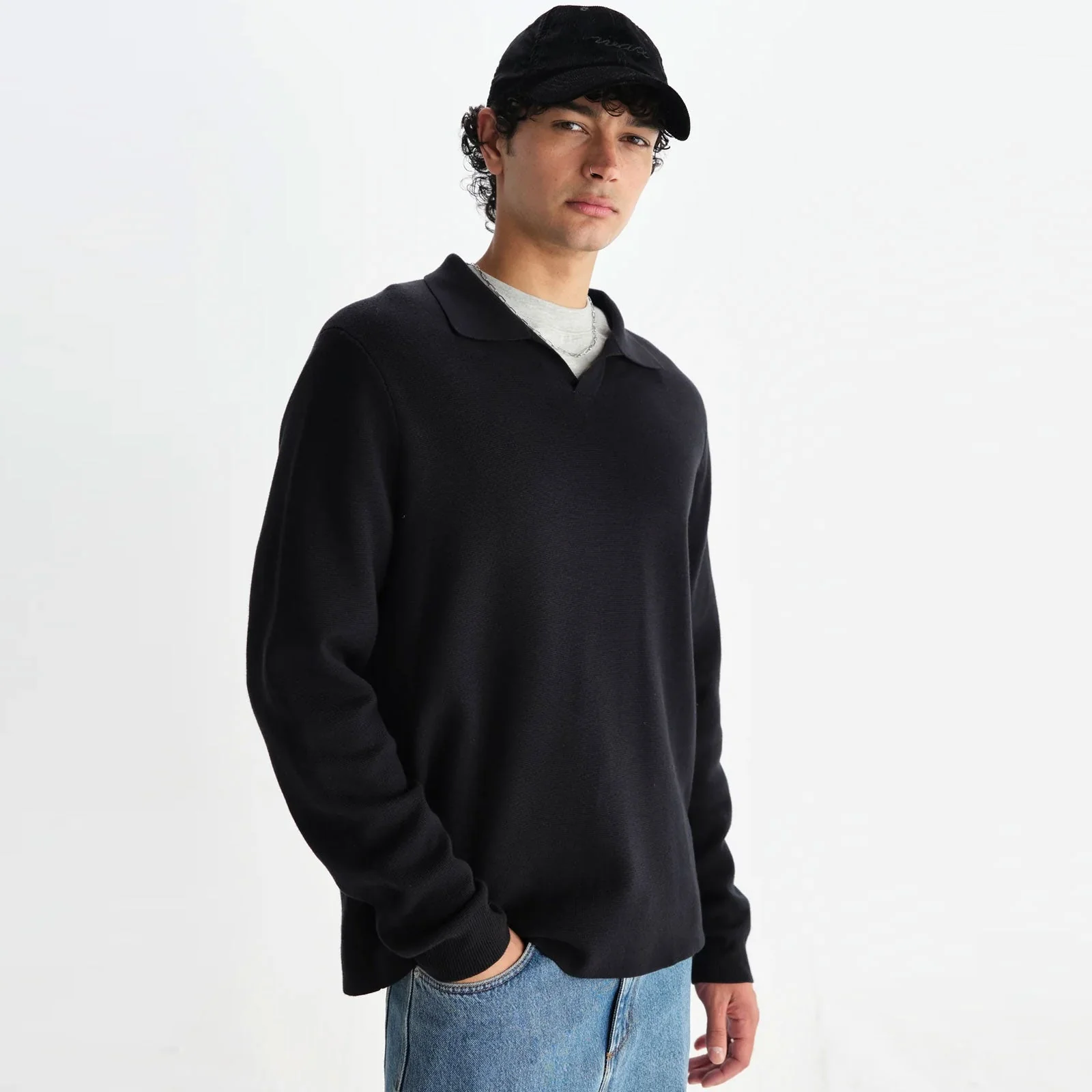 Carter Open Collar Polo Milano Knit black