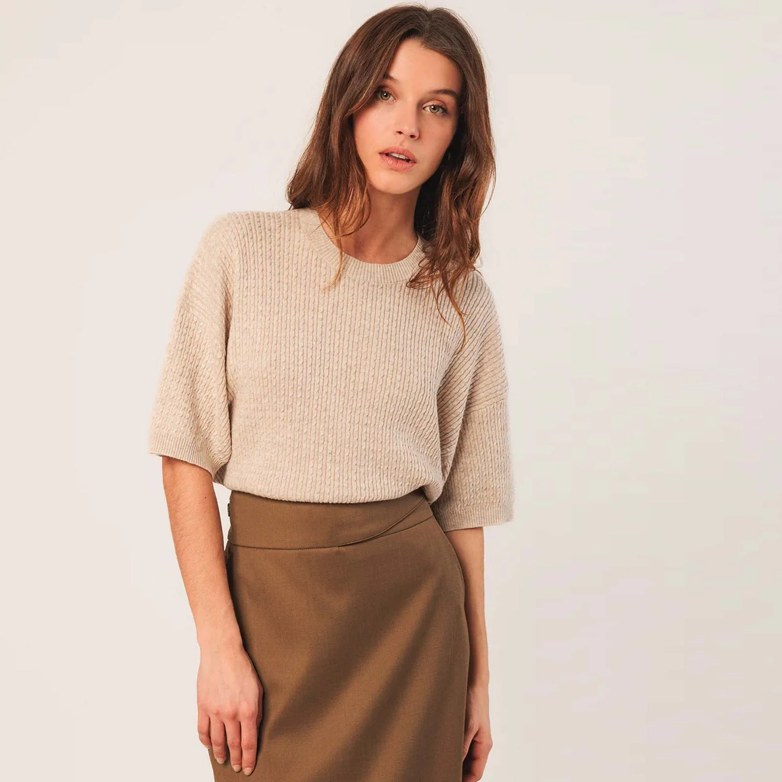Cotton Knit Short Sleeve Jumper beige