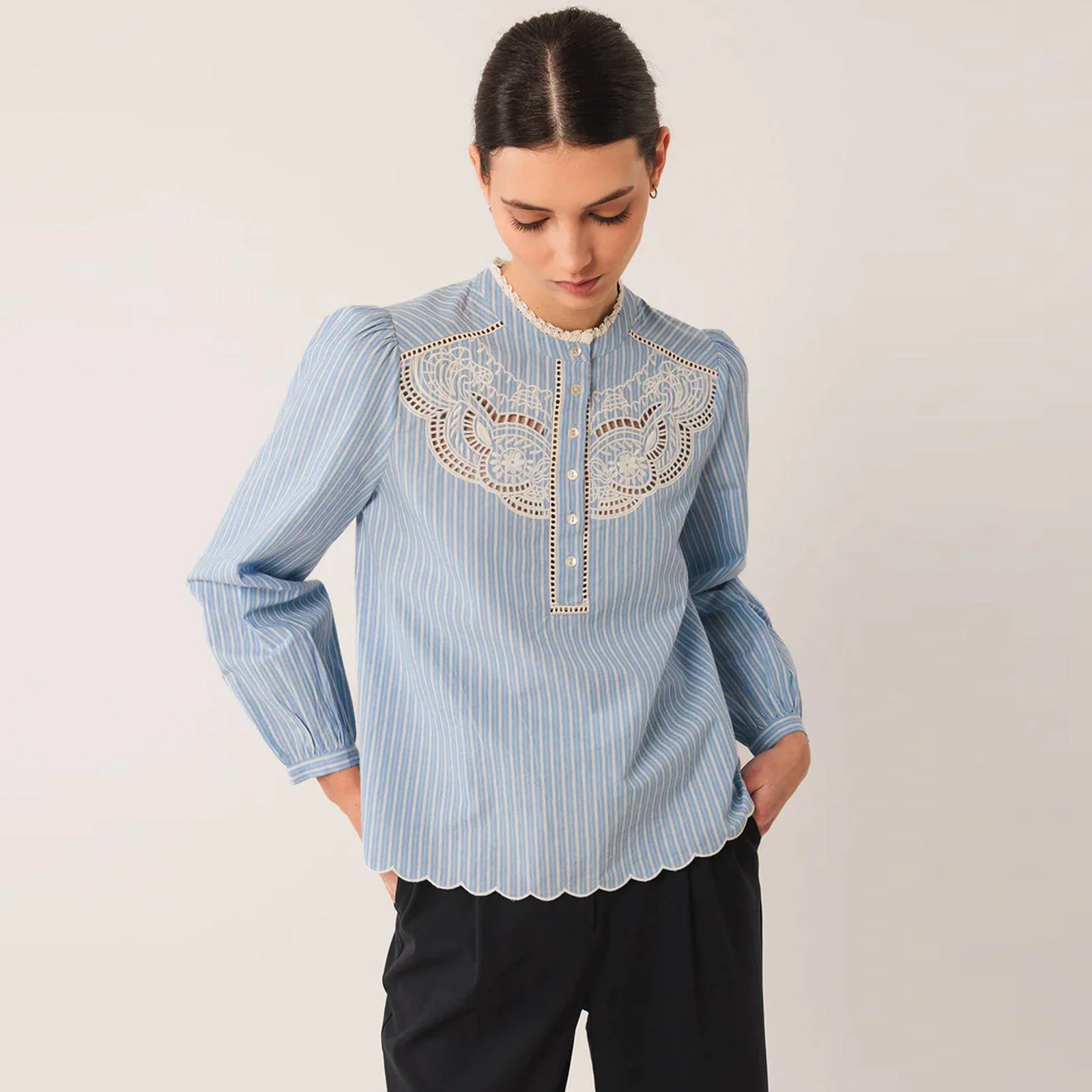 Embroidery Stripe Cotton Blouse azul - Image 2