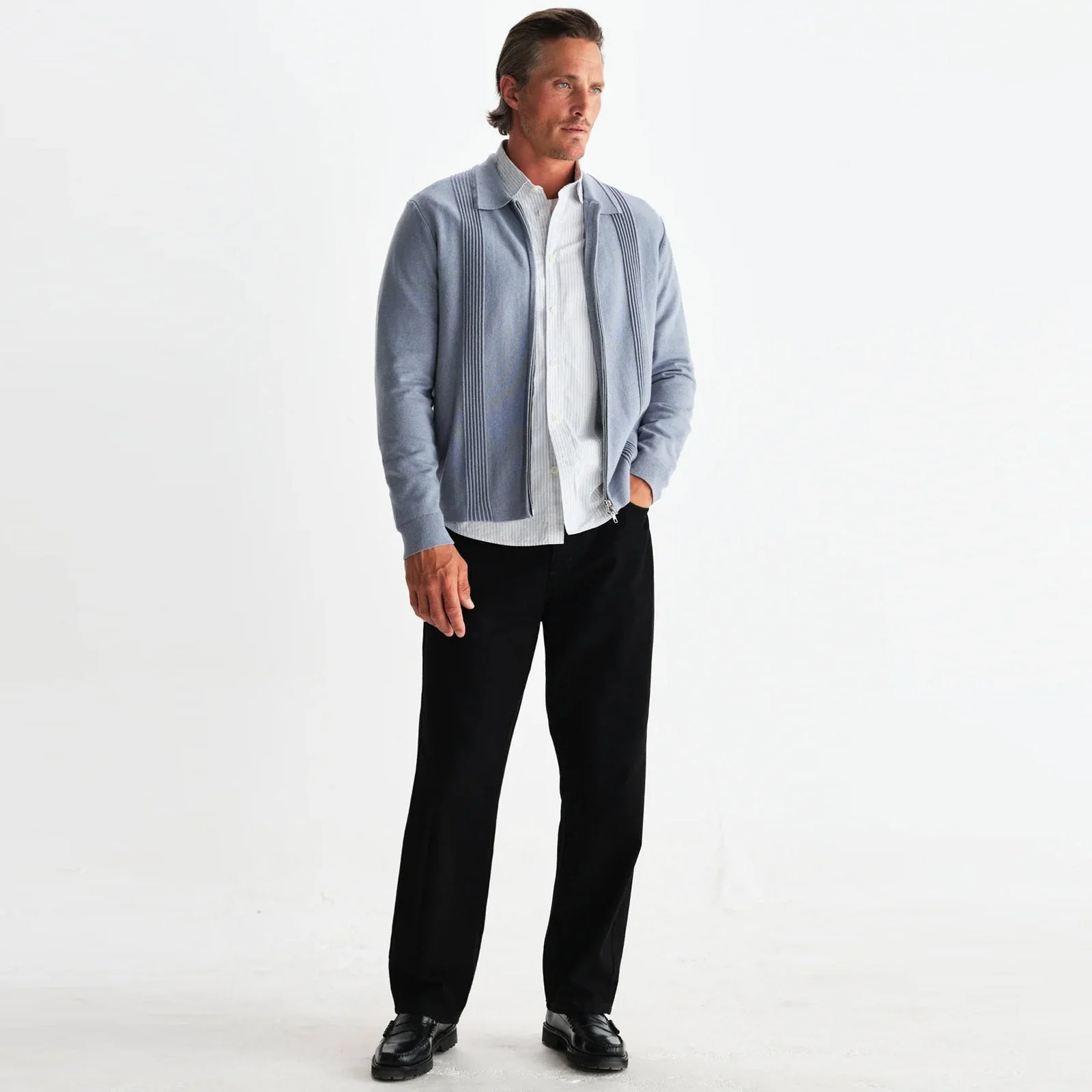 Lennox Zip Polo Milano Ripple Stripe grey blue - Image 4