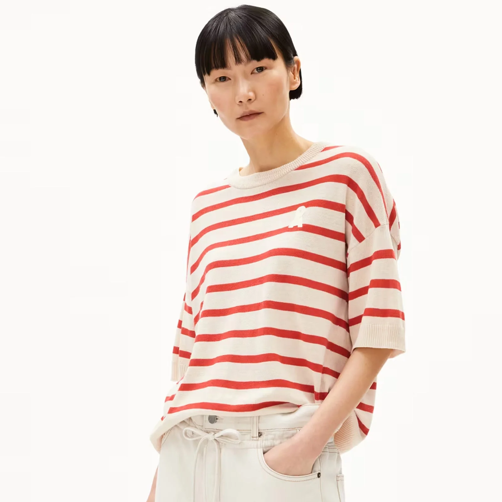 Lizaa Lino Stripes Top raw white/coral blush